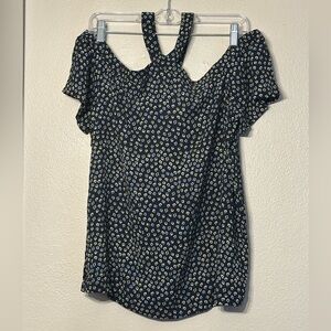 LOFT Women’s Cold Shoulder Strappy Neck Keyhole Geometric Blouse Navy Blue S